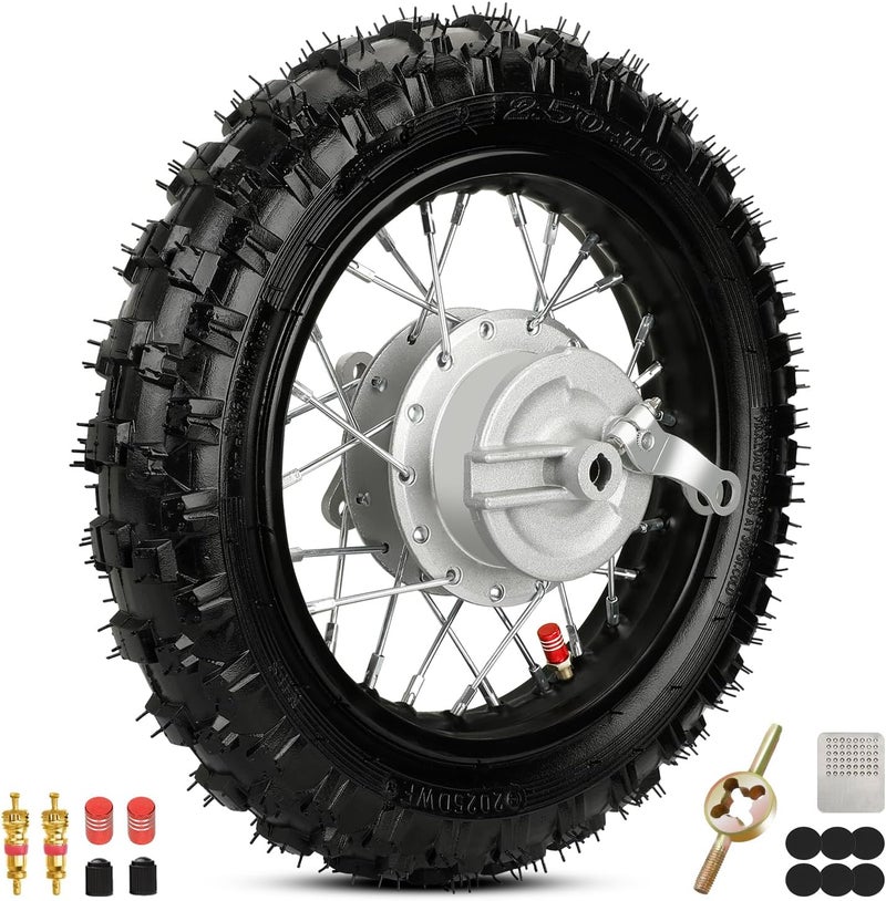 XIKOBY 2.50-10 Dirt Bike Rear Wheel Drum Brake Assembly Compatible with CRF50 XR50 TTR50 SSR Taotao Apollo, 2.5-10 2.50x10 Tire & Rim for 50cc 70cc 90cc 110cc Pit Bike Off Road Motorcycle Parts - Image 1